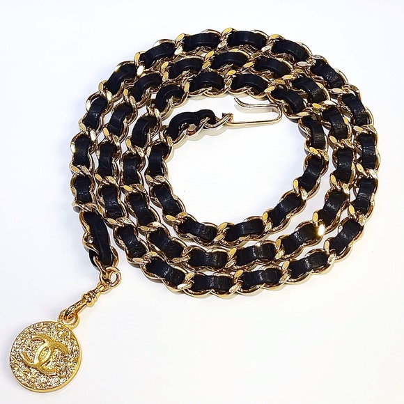 Authentic 1982 CHANEL vintage black and child leather chain belt 95cm main image 12